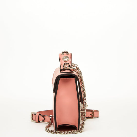 Side View of Pale Pink Leather Bag Showing 2.4 inch Depth