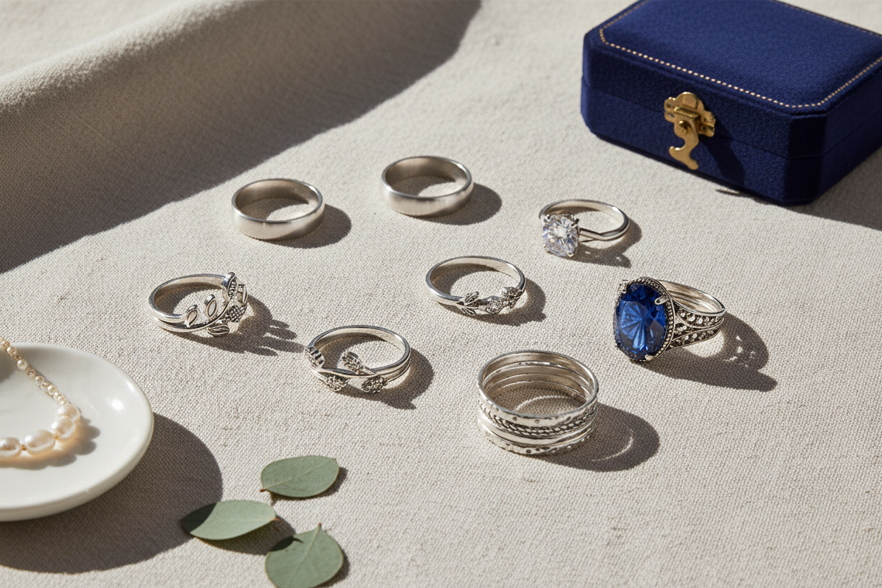 Sterling silver ring buying guide featuring elegant rings with gemstone and intricate designs for shoppers