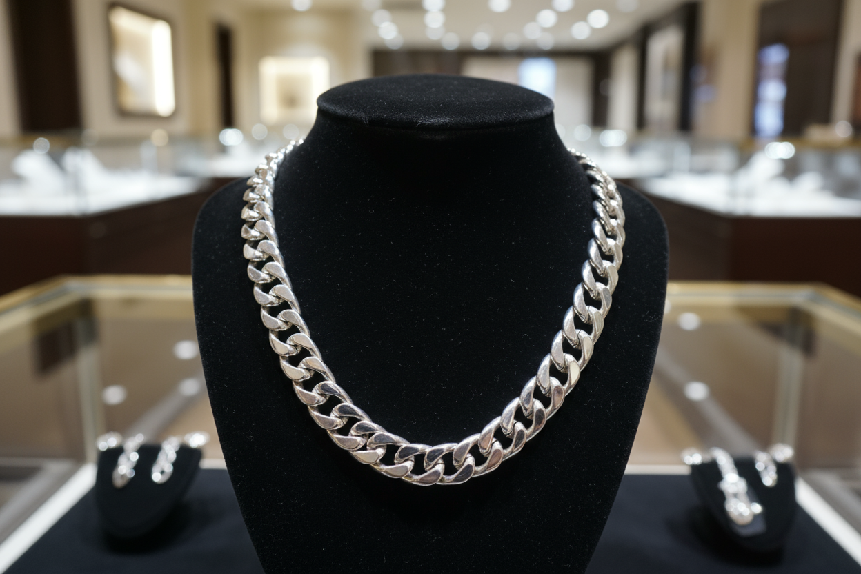 A 925 sterling silver Cuban link chain on the black velvet display.