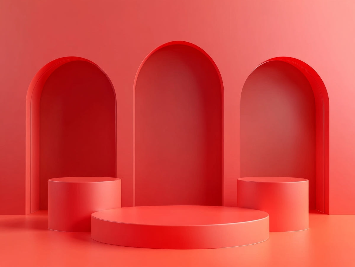 A red room with arches and stools on the floor