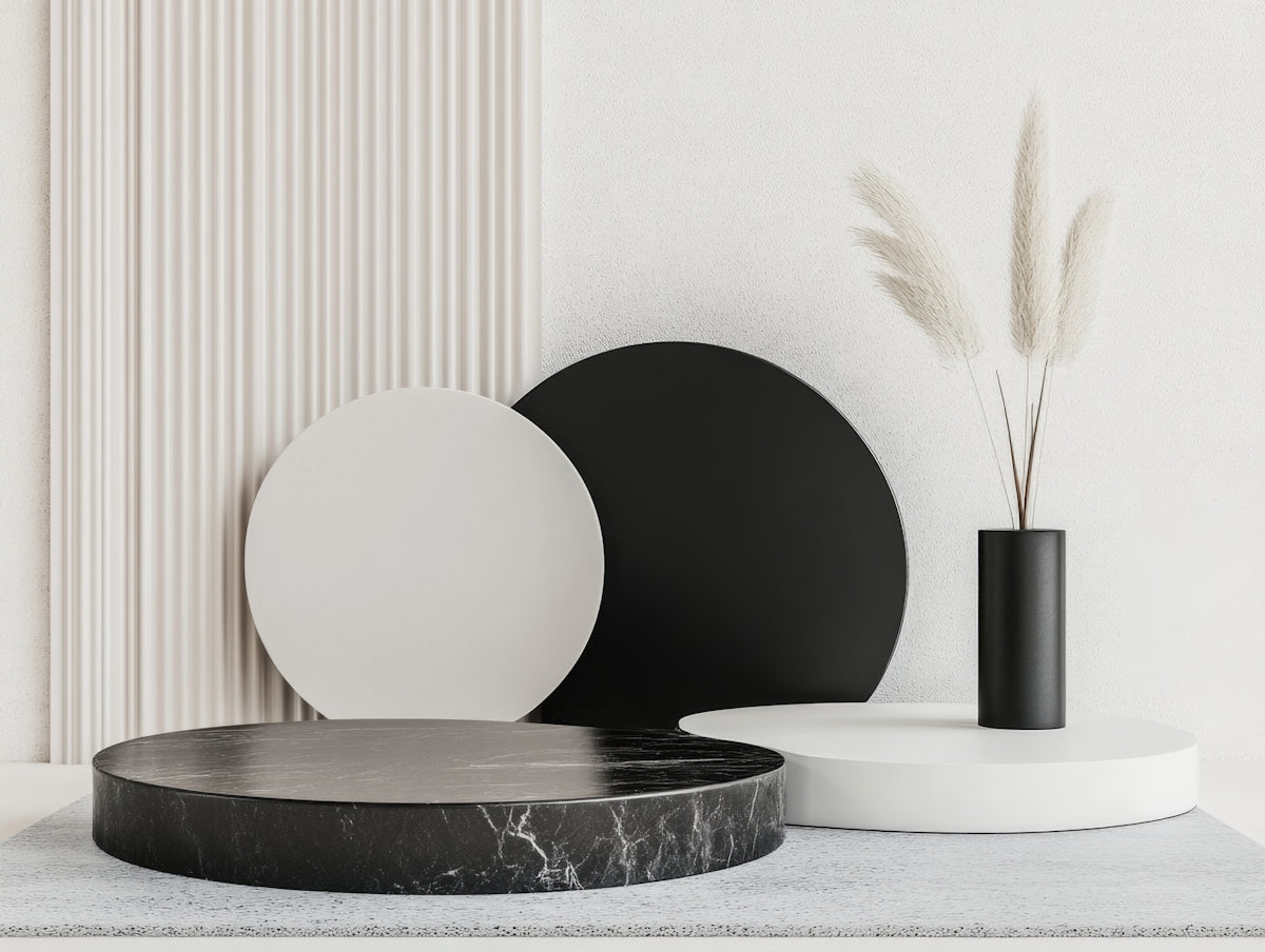 A black and white vase and some white plates