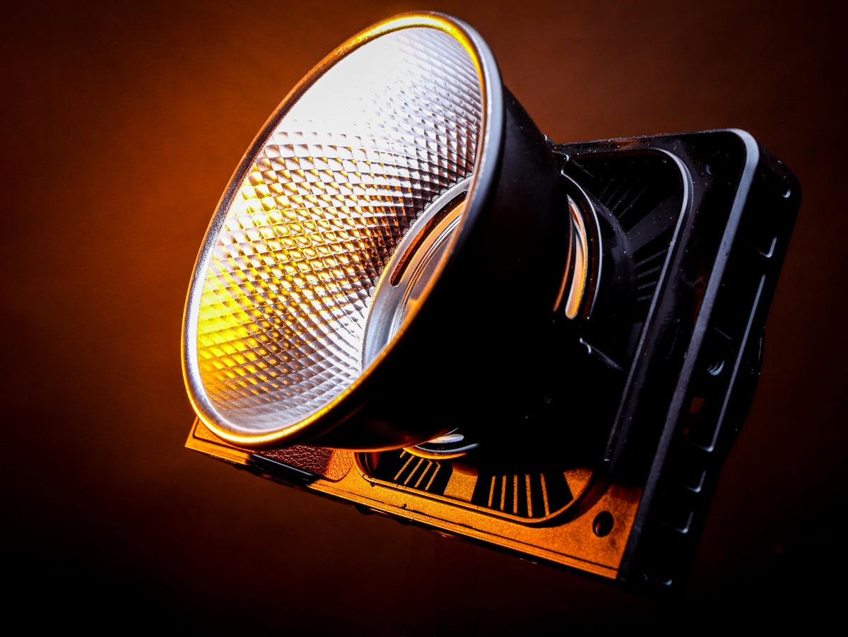 A spotlight with a textured reflective interior.