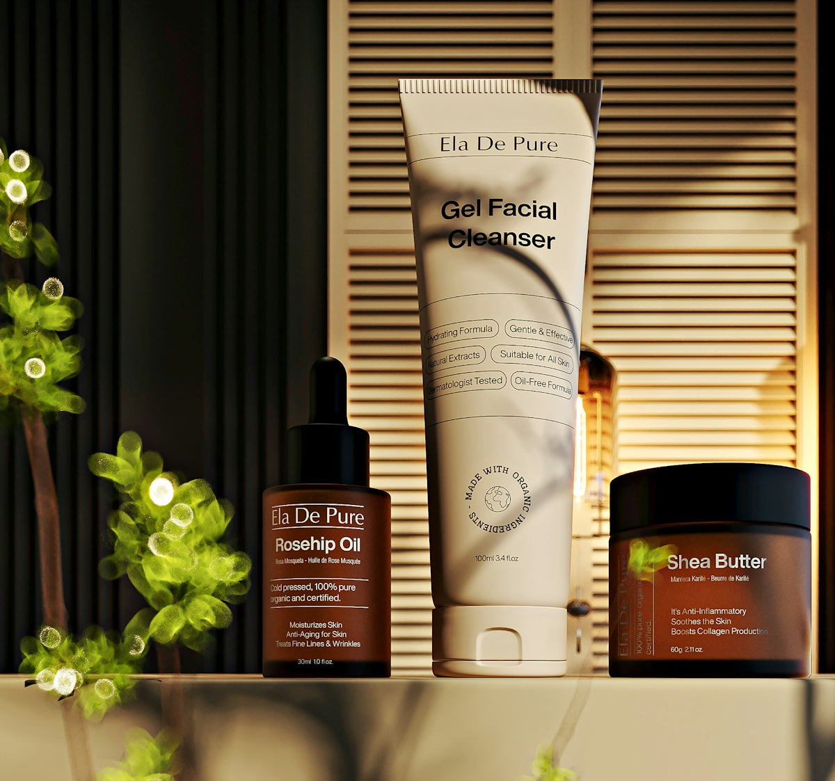 Three skincare products arranged on a shelf