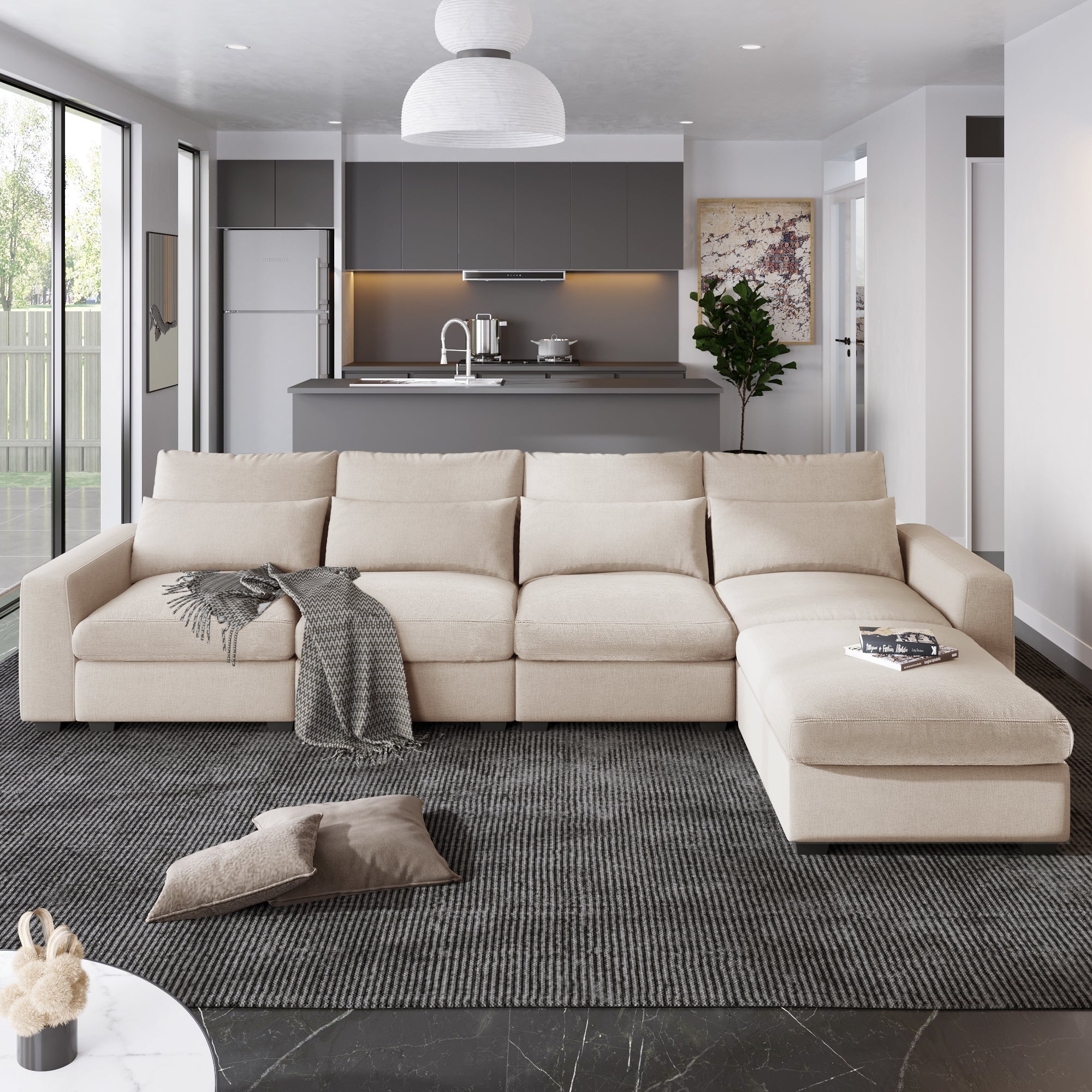 Modern Large L-Shape Feather Filled Convertible Sectional Sofa