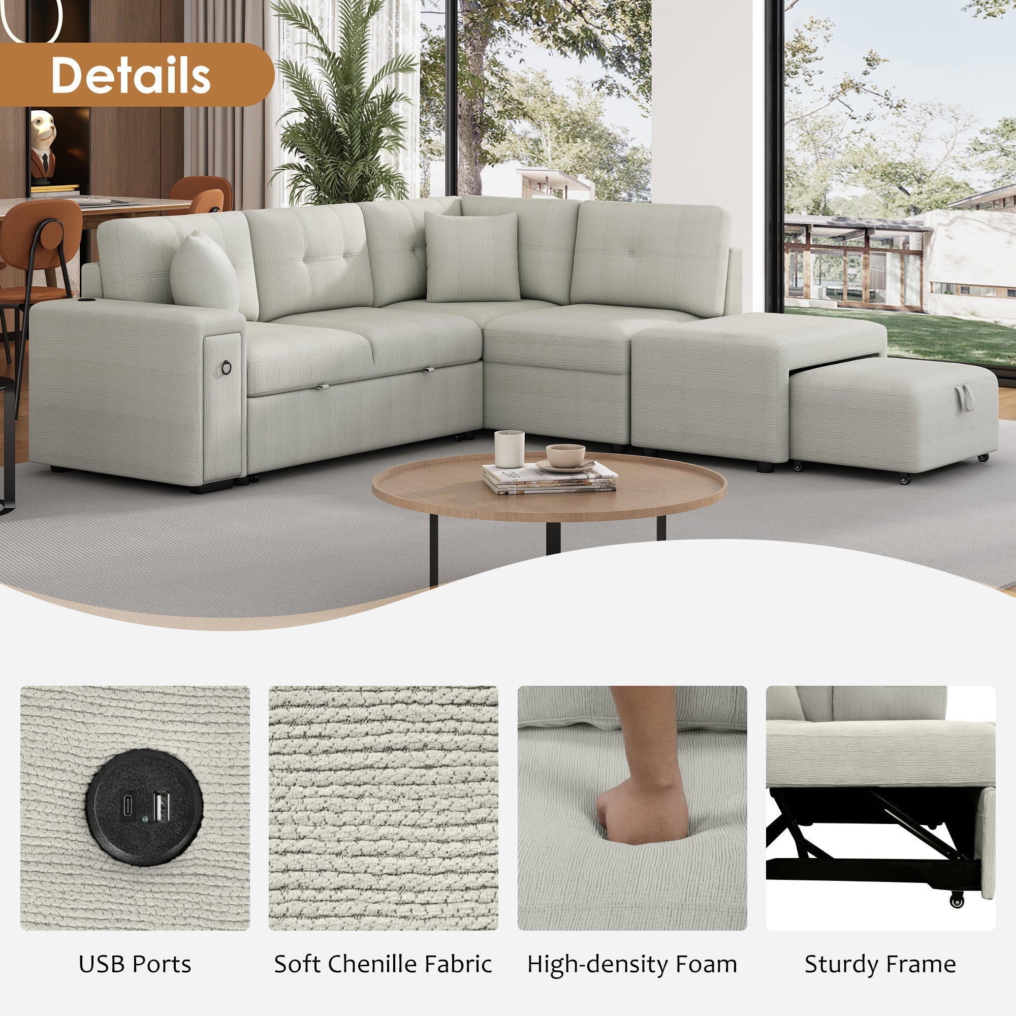 Close-up of the gray sofa armrest showing the hidden pull-out storage drawer and USB charging ports.