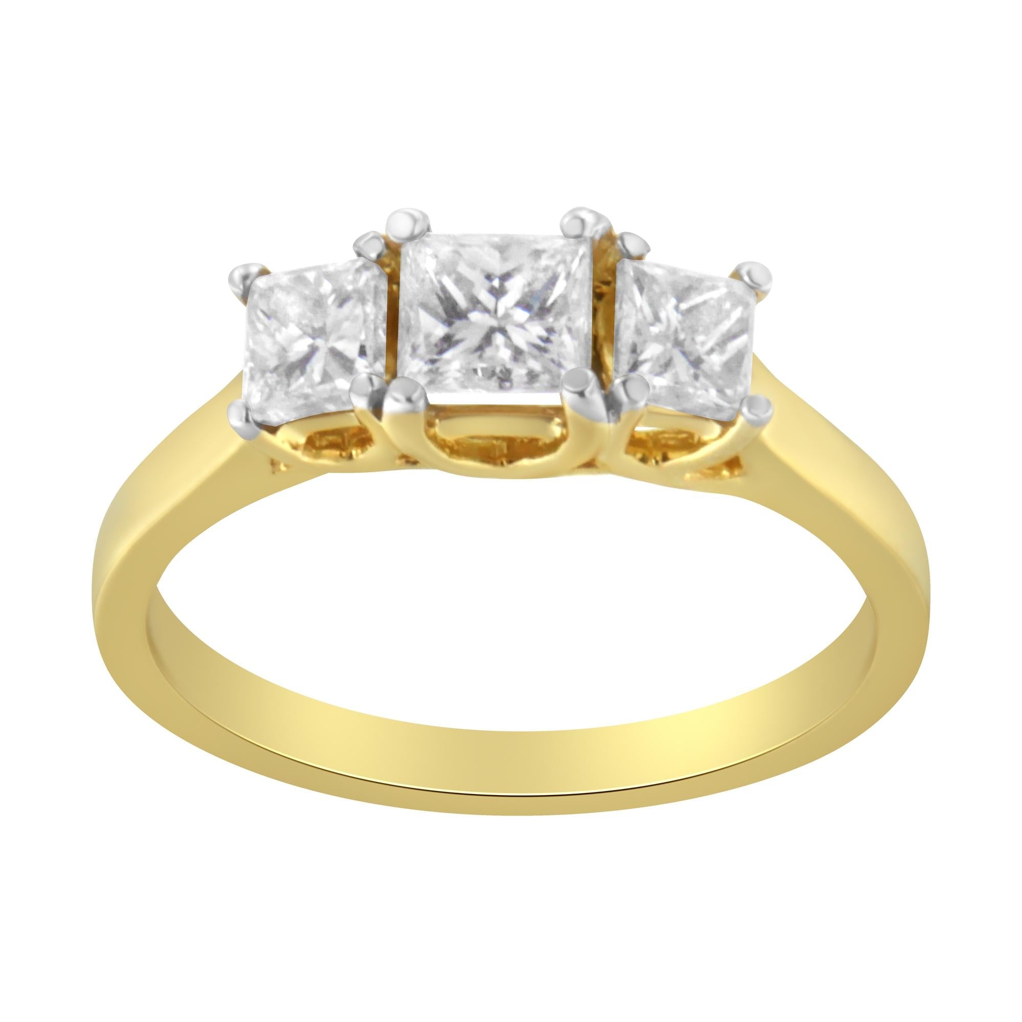 10K Yellow Gold Three Stone Band Ring (1 CTTW Princess Diamonds, top view)