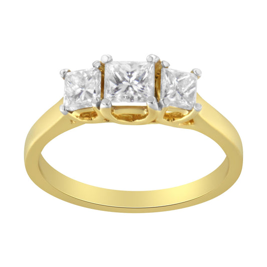10K Yellow Gold Three Stone Band Ring (1 CTTW Princess Diamonds, top view)