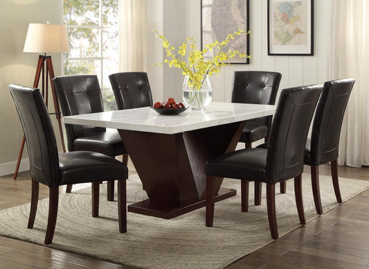 Contemporary White Marble & Walnut Dining Table (Table 59 Inch) with brown leather chairs.