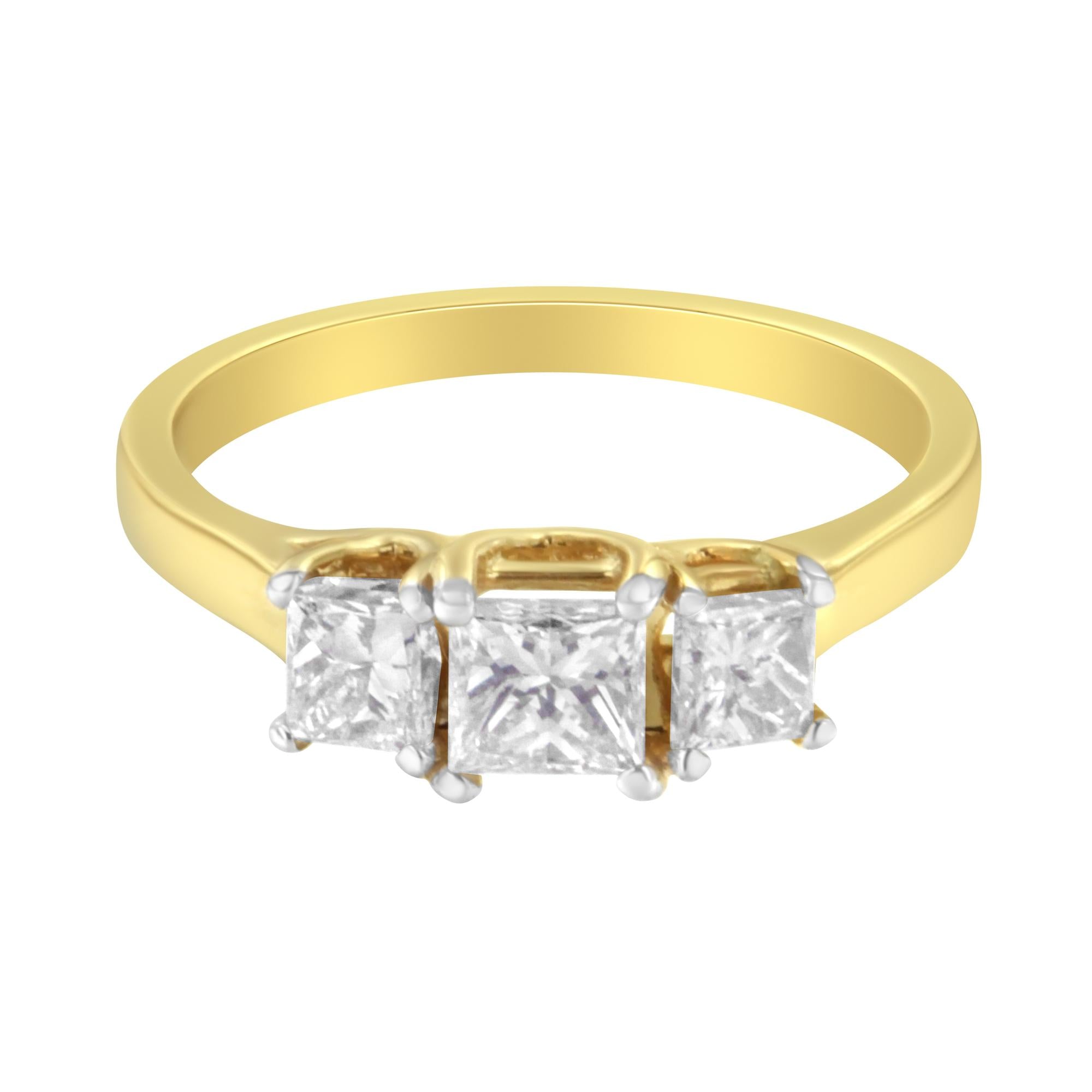 10K Yellow Gold Three Stone Band Ring (1 CTTW Princess Diamonds, top view)