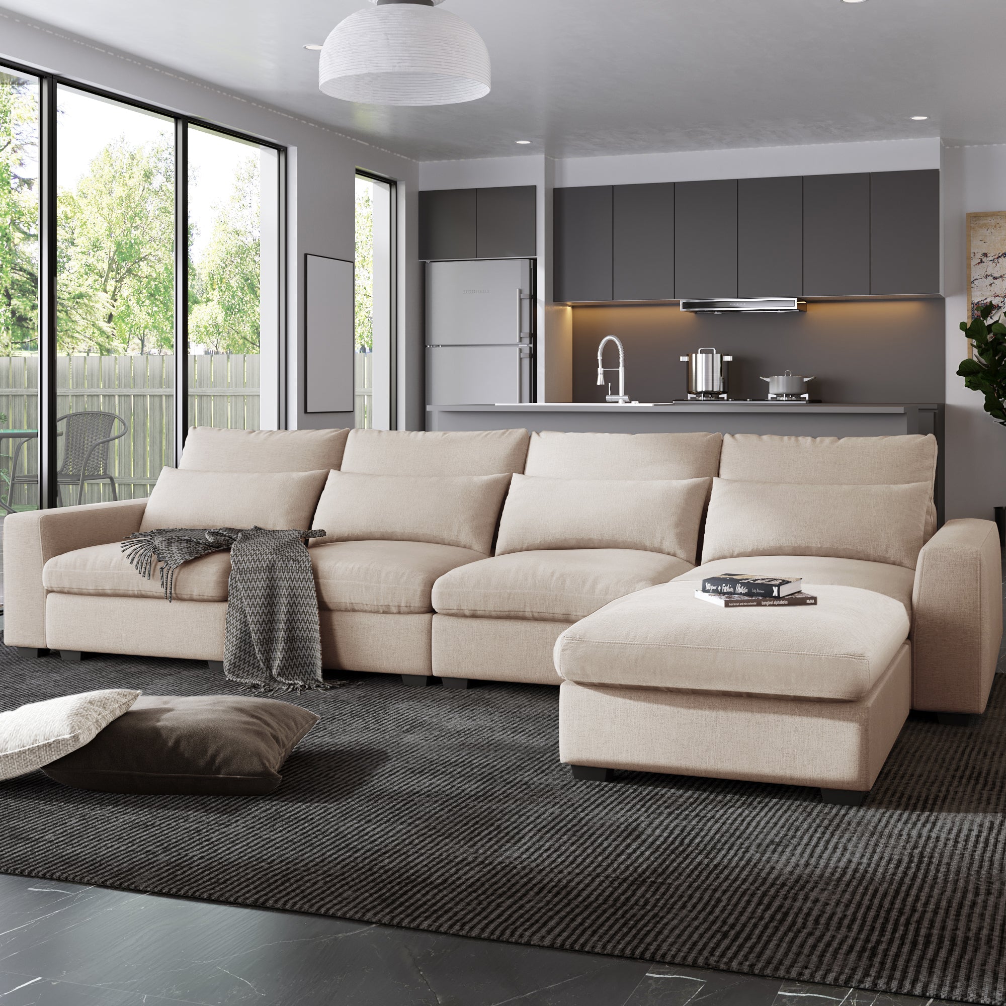 Modern Large L-Shape Feather Filled Convertible Sectional Sofa