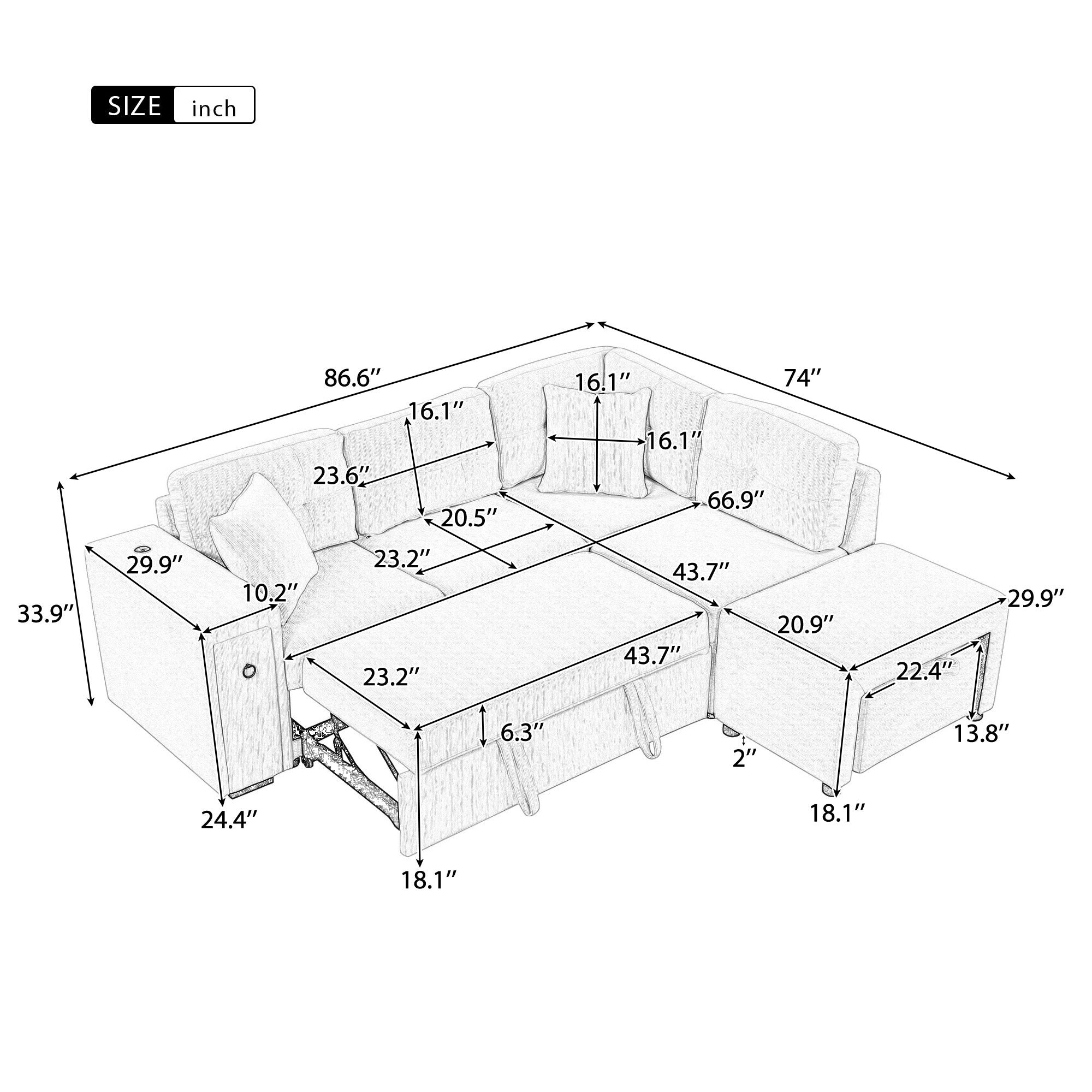 Gray chenille 4-seater convertible sofa bed with movable ottoman and drop-down table with cup holders. Measurements.