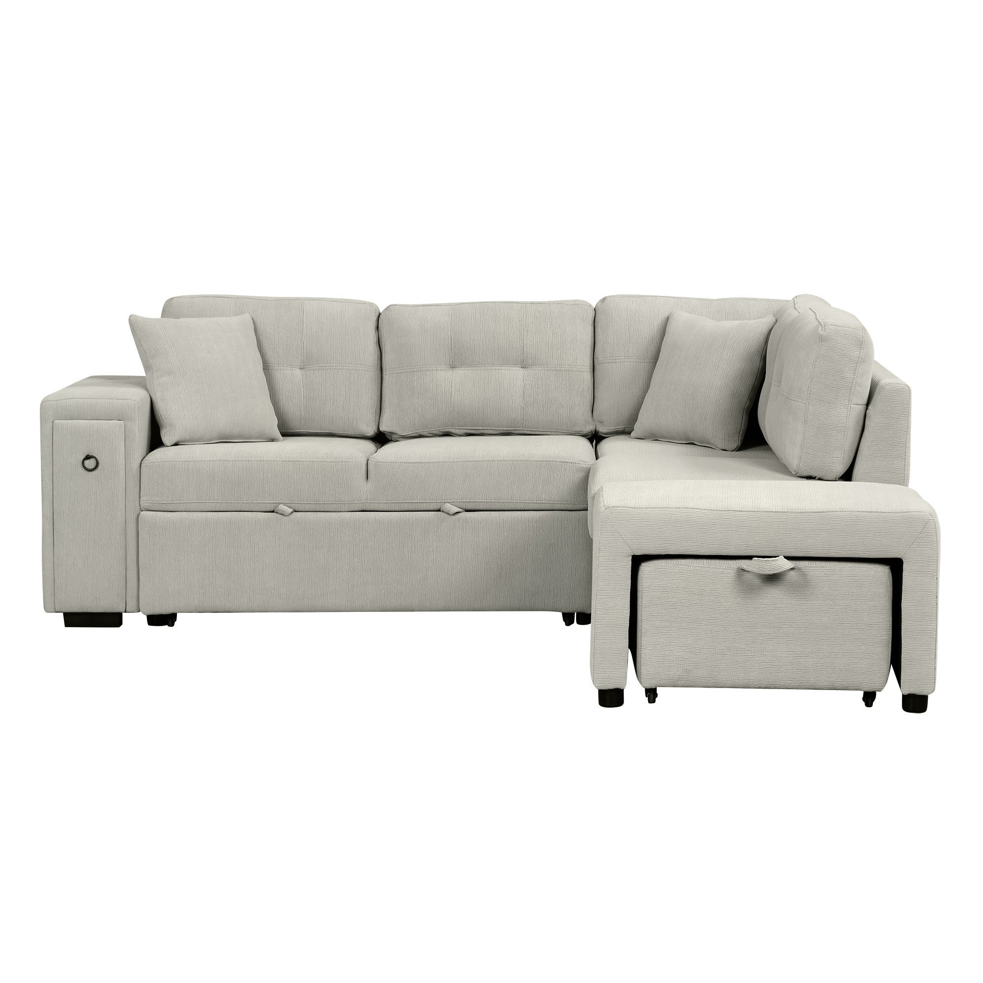 Gray chenille 4-seater convertible sofa bed with movable ottoman and drop-down table with cup holders.