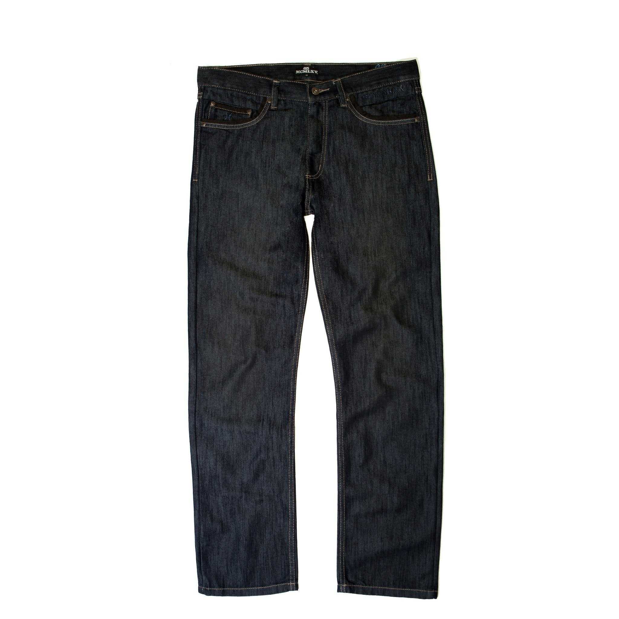 65 MCMLXV Men's Premium Denim Dark Wash Jeans, flat lay view showing front rise and pockets.