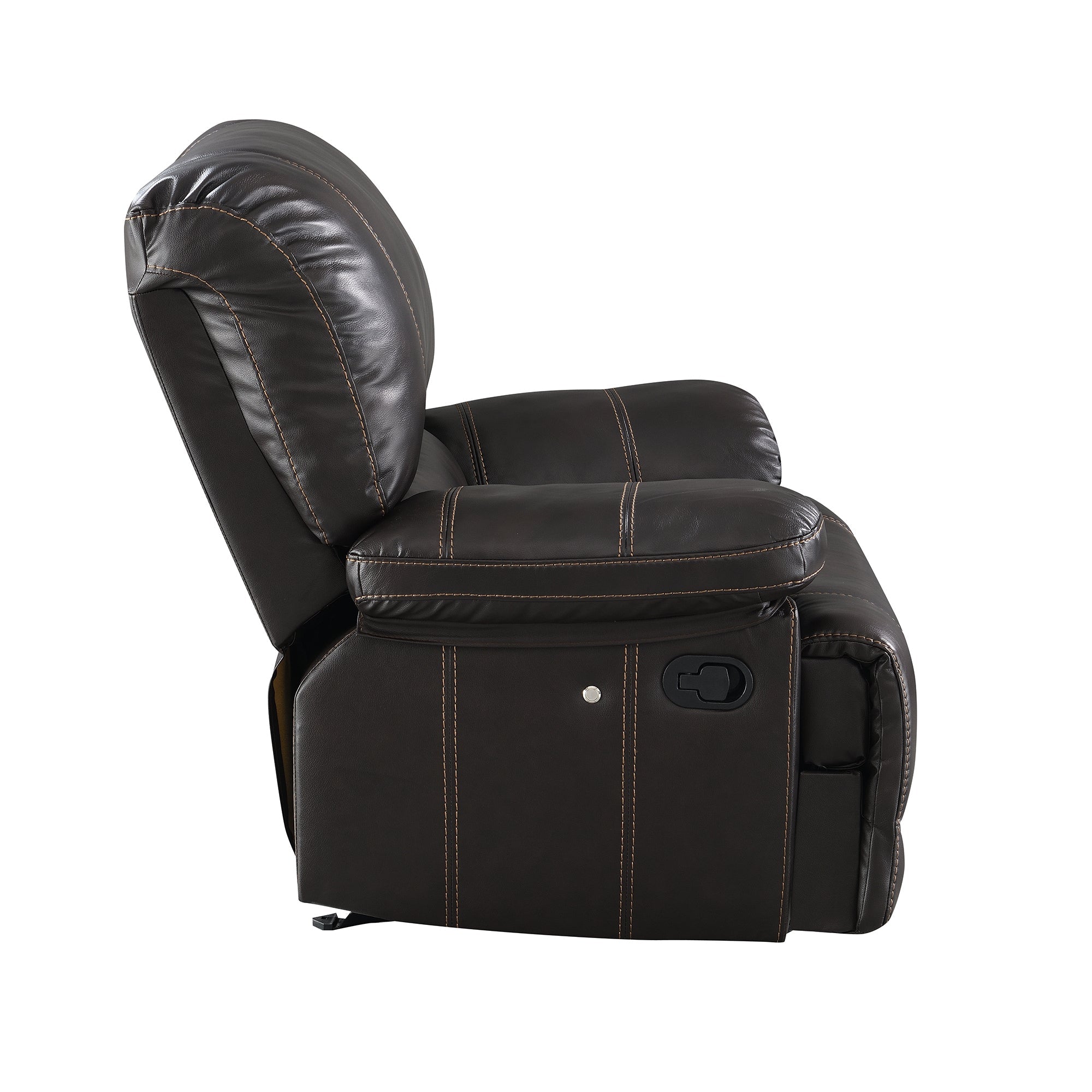 Side view of the recliner fully extended, showing the manual reclining function and sturdy metal footrest for optimal lounging.