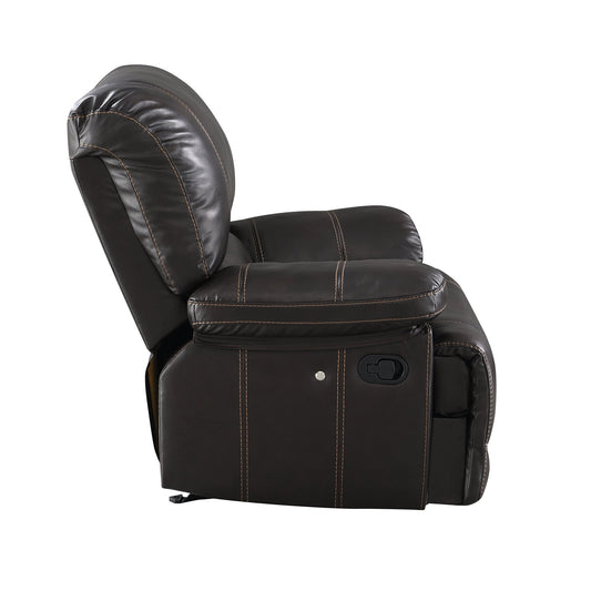Side view of the recliner fully extended, showing the manual reclining function and sturdy metal footrest for optimal lounging.
