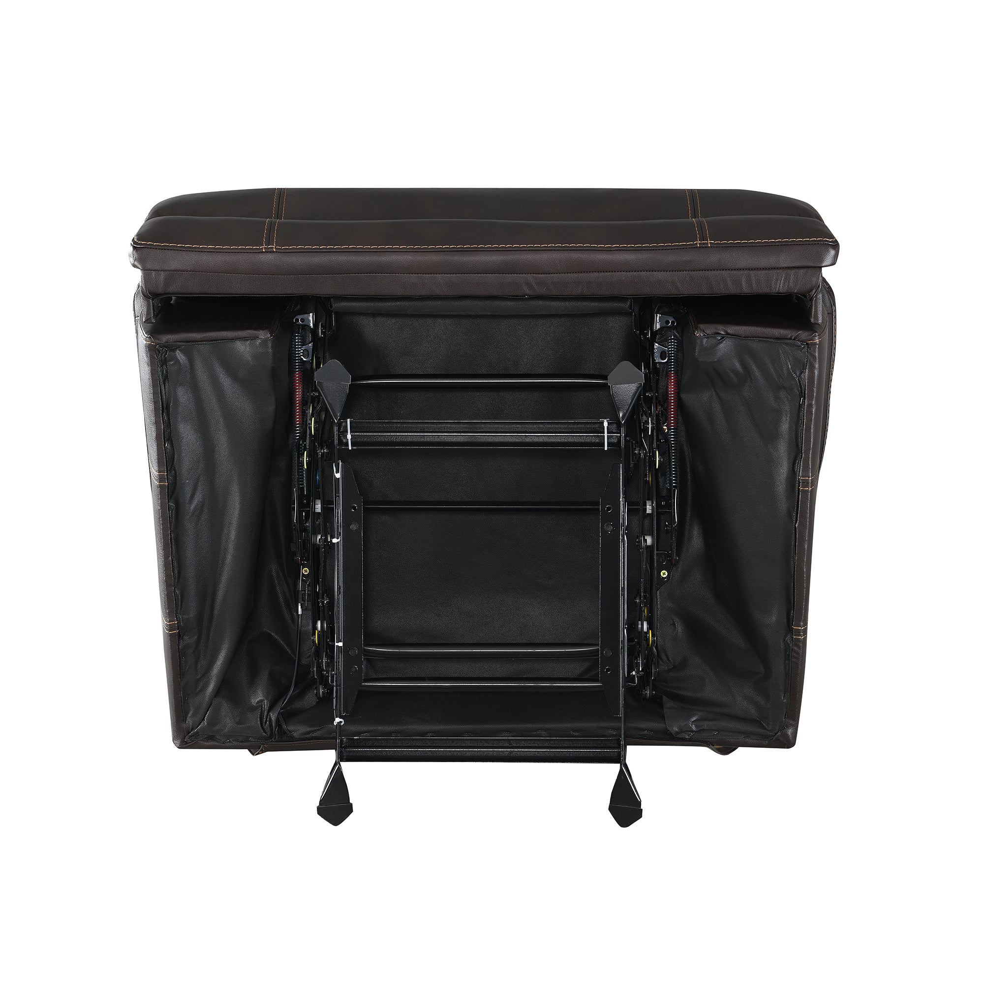 Underside of the recliner chair, detailing the sturdy frame construction and durable mechanical components.