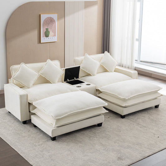 Beige chenille 2-seater sofa with dual removable ottomans, two USB ports, storage, and cup holders.