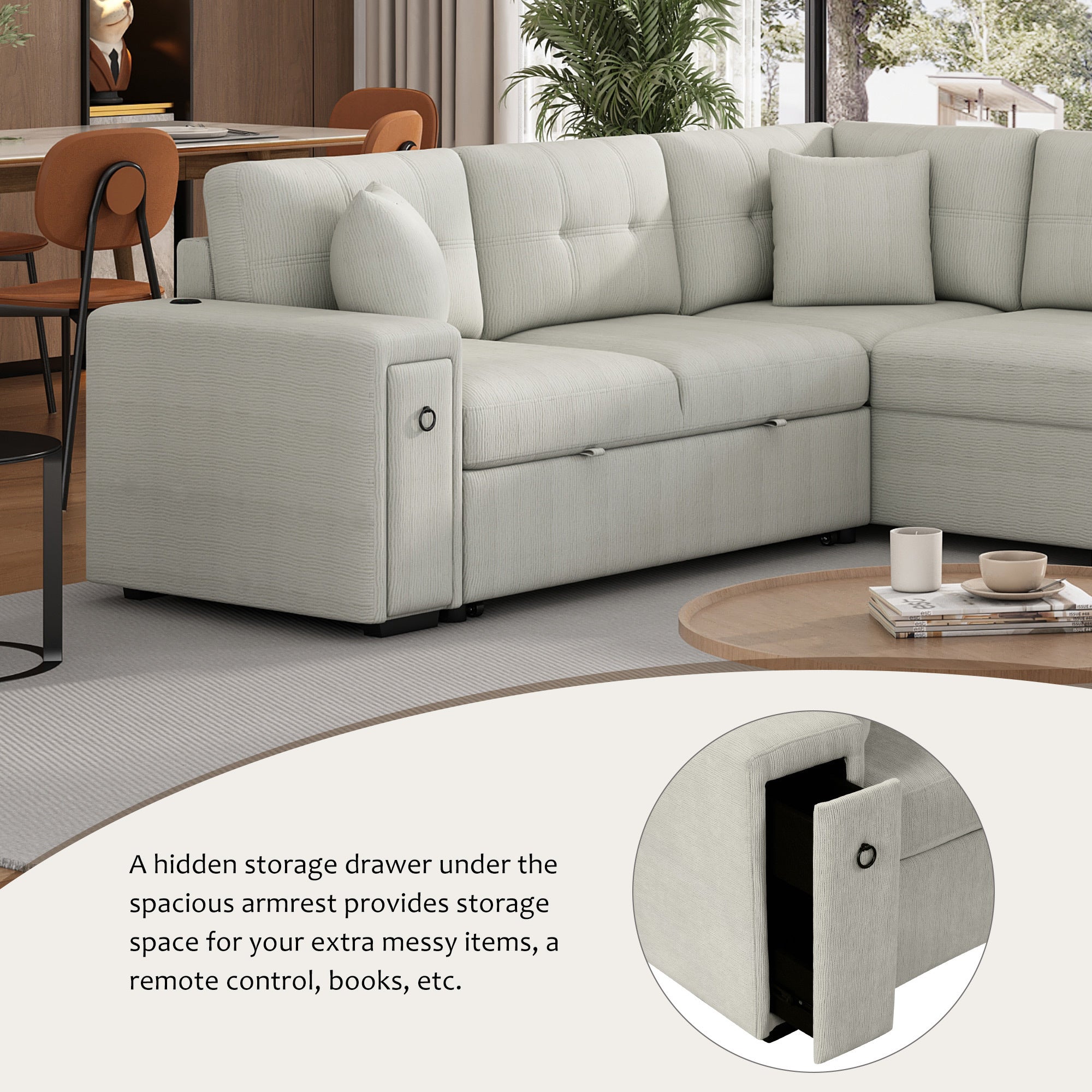 Close-up of the gray sofa armrest showing the hidden pull-out storage drawer and USB charging ports.
