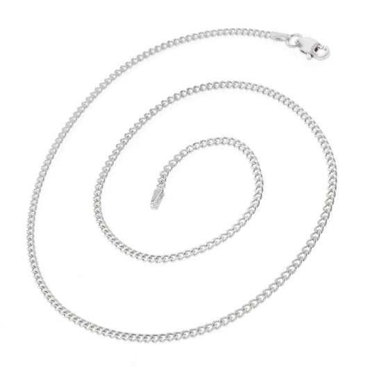 925 Sterling Silver Cuban Chain - 2MM Coiled around and showing the lobster clasp on a white background.