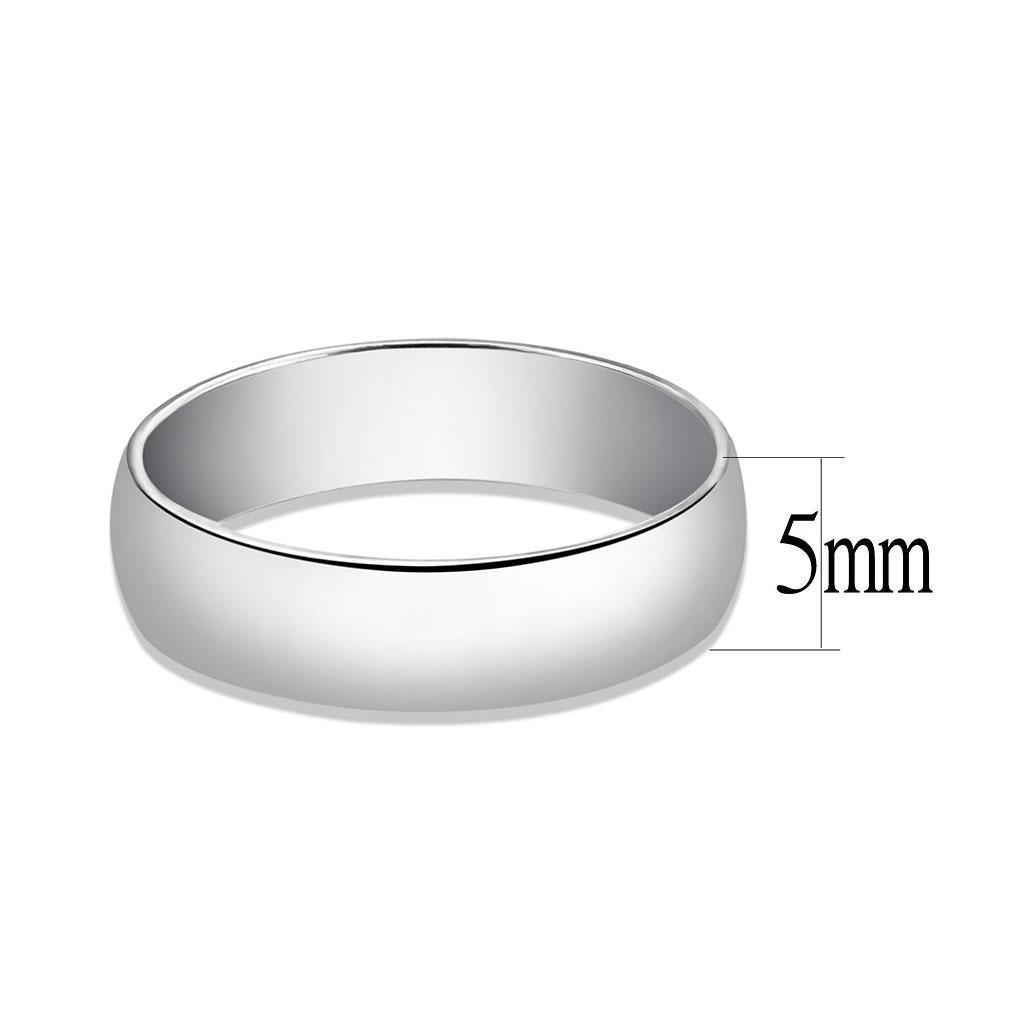 A 5mm in width band style 925 sterling silver ring and a corresponding measurement 5mm.