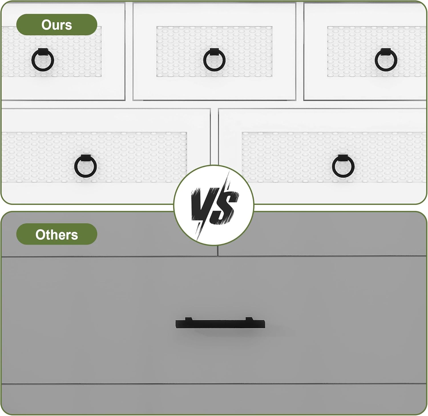 Front View Detail of White 7-Drawer Dresser with Separated Storage Capacity in Comparison to another drawer arrangement.