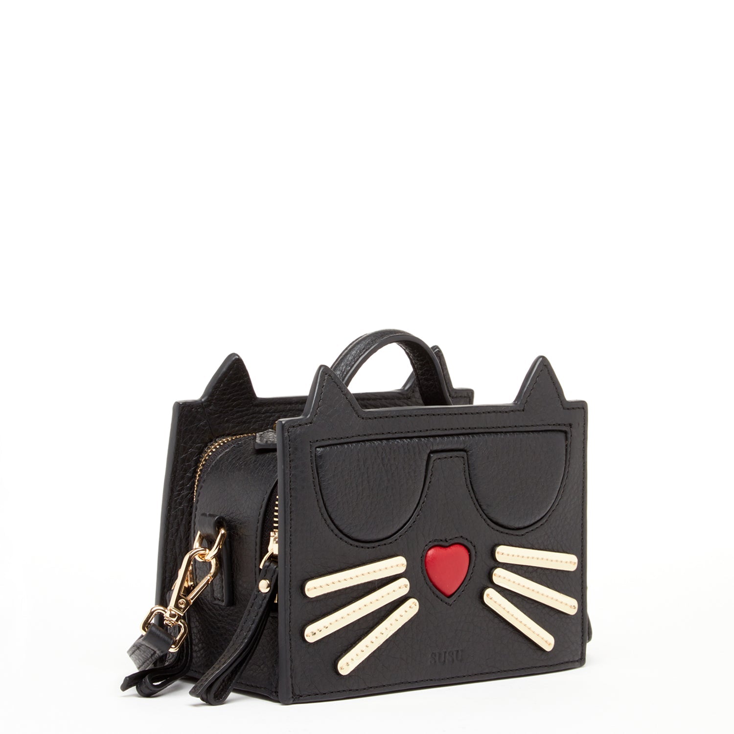 Angled View of Italian Leather Cat Bag showing Whimsical Cat Ears and Leather Quality