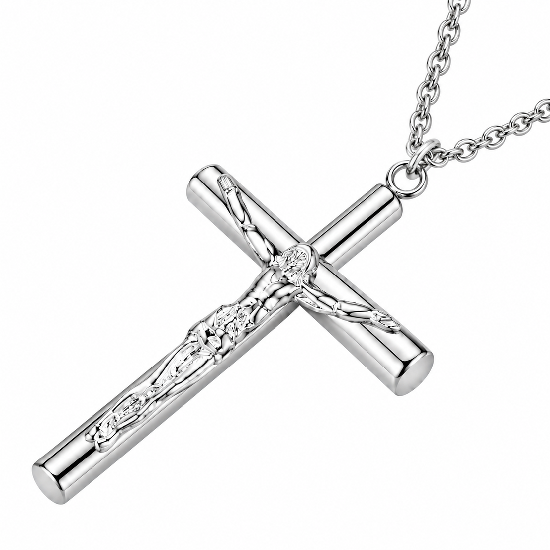 A polished silver crucifix pendant necklace with a detailed figure of Jesus on a cylindrical cross, suspended from a matching silver chain against a plain white background.