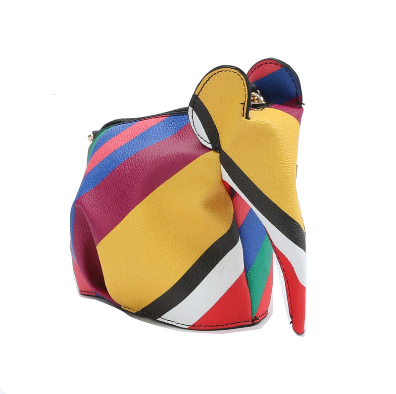 Rainbow Stripe Vegan Leather Elephant Crossbody Bag Angled View