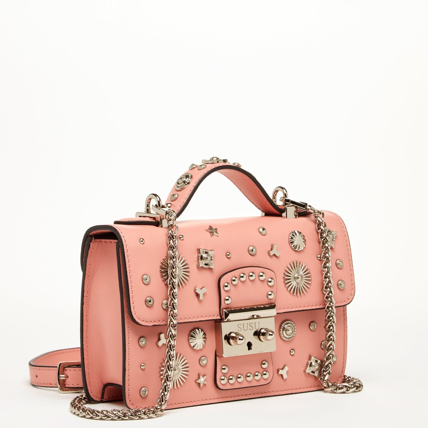 Pale Pink Leather Studded Handbag Angled View Showing Silver Studs and Chain Strap