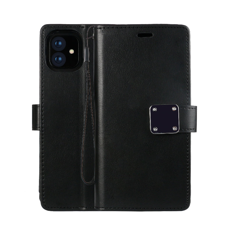Multi Pockets Folio Leather Wallet Case with Strap for iPhone 13