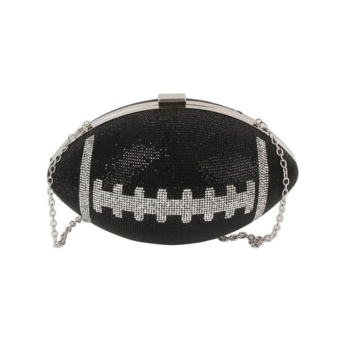 Black rhine stone studded football-shaped cross body bag with silver chain on a white background