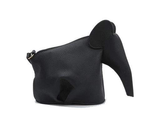 Black leather handbag shaped like a elephant on a white background