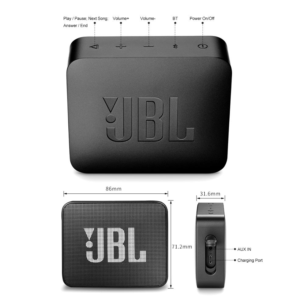 Black JBL Go 2 speaker with control buttons and dimensions on a white background