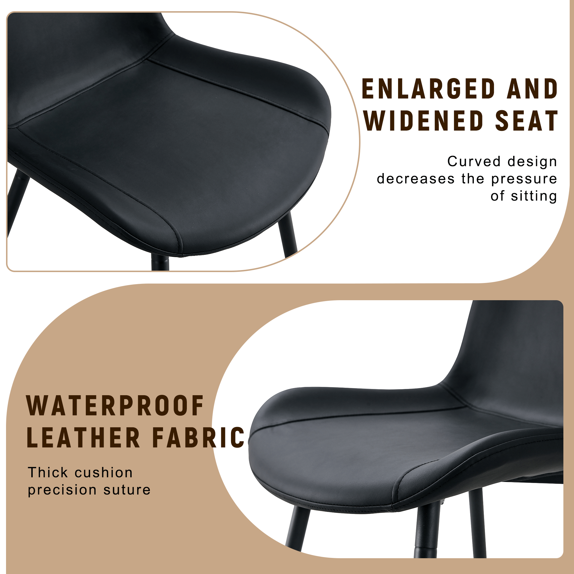 Slide as a part of a series of photos to advertise a black chair seat with enlarged and widened design, featuring waterproof leather fabric.