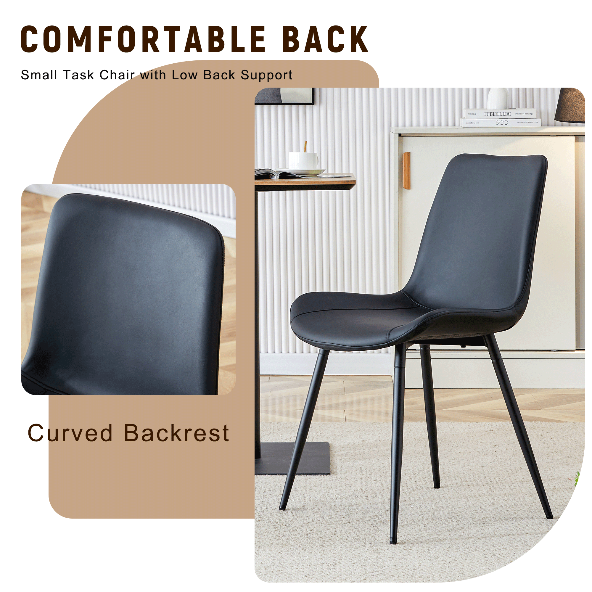 Black chair with curved backrest in a minimalistic room setting.