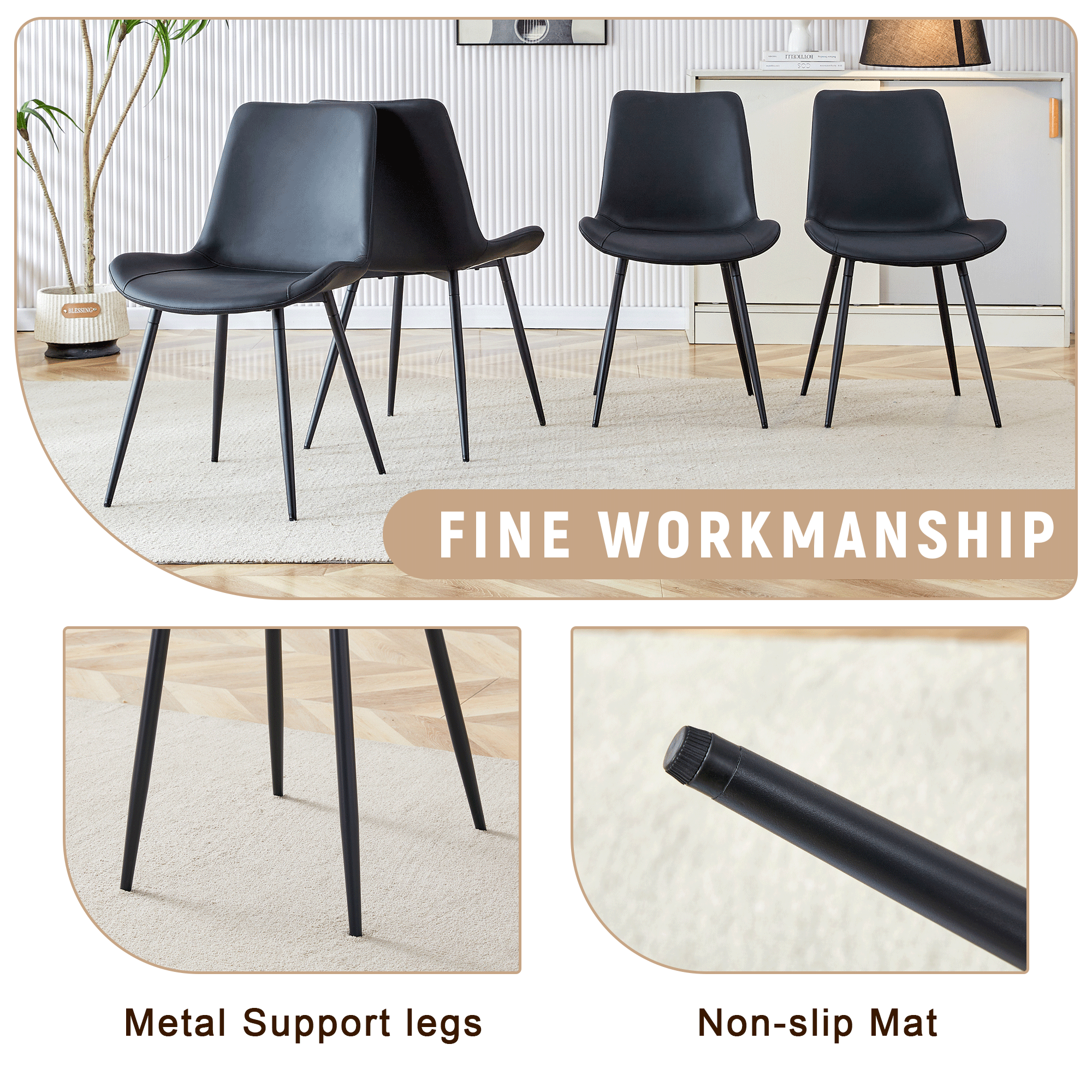 Black chairs with metal support legs and non-slip mat legs on a light background as part of a series of photos advertising this set.