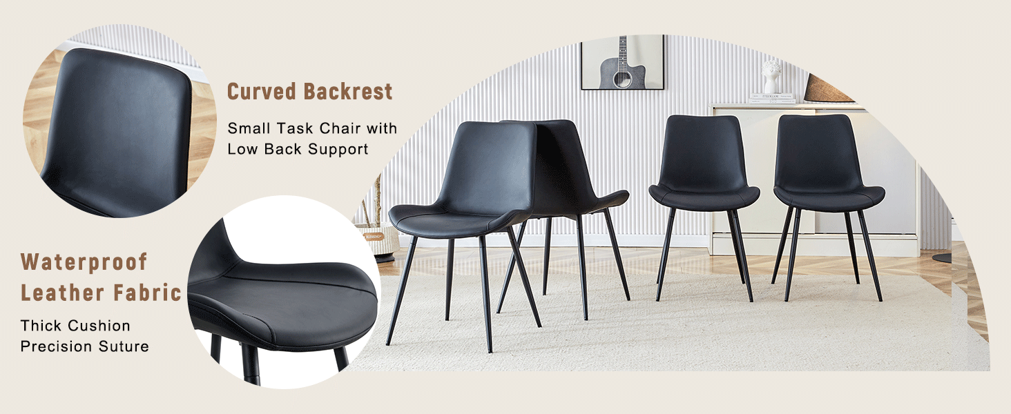 Black chairs with curved backrest and waterproof leather fabric on a white background