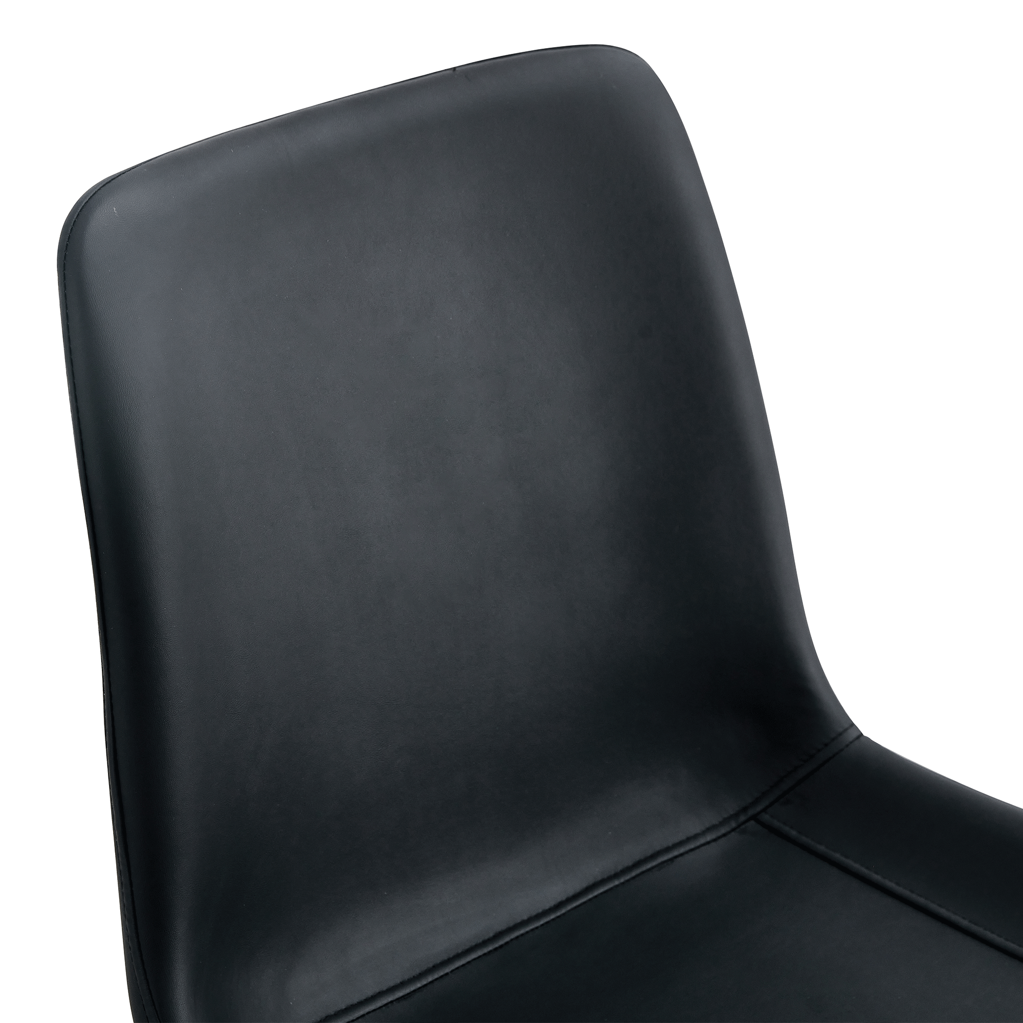 Close-up of a black leather chair backrest on a white background.