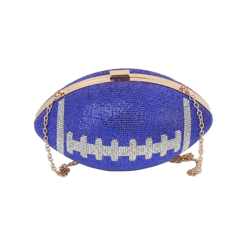 Blue football-shaped crossbody bag and gold toned chain with rhinestone details on a white background