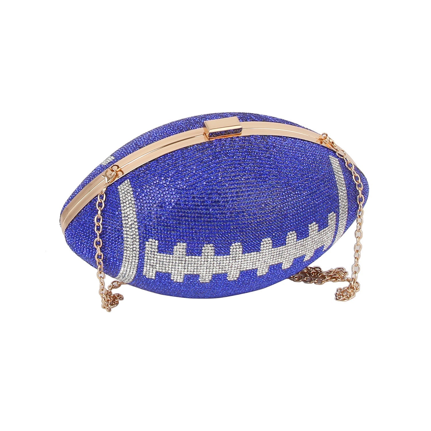 Vegan Leather Rhinestone Studded Football Crossbody Bag Front Angle view with Chain, Gold Toned, and Silver Toned Hardware.