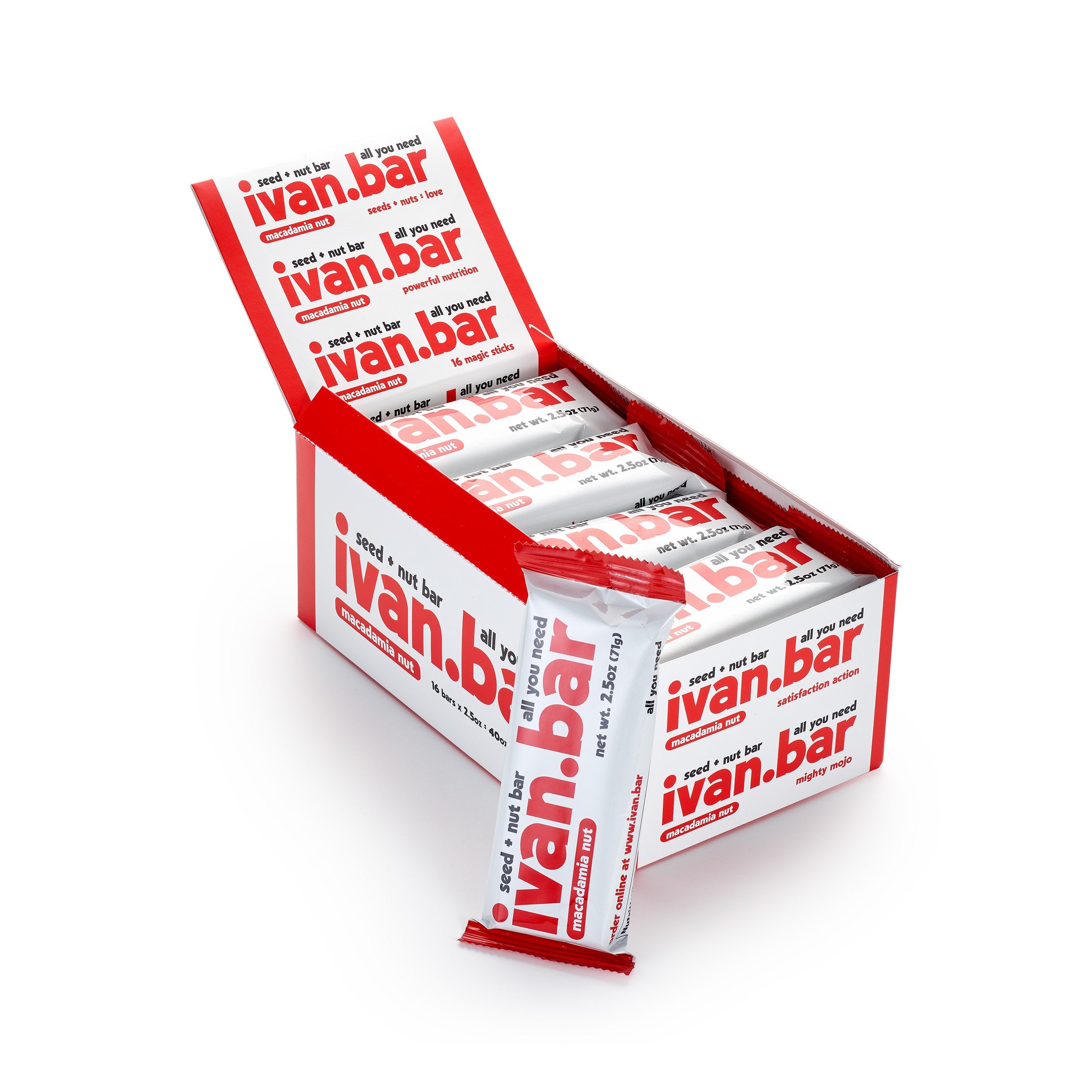 Top-down view of the ivan.bar 16-count box, showing multiple individually wrapped Almond Macadamia Seed + Nut bars stacked neatly inside.
