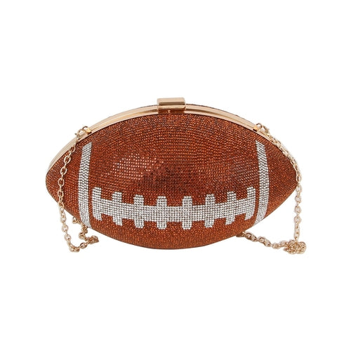 Brown Football-shaped cross body bag with rhinestone details on a white background