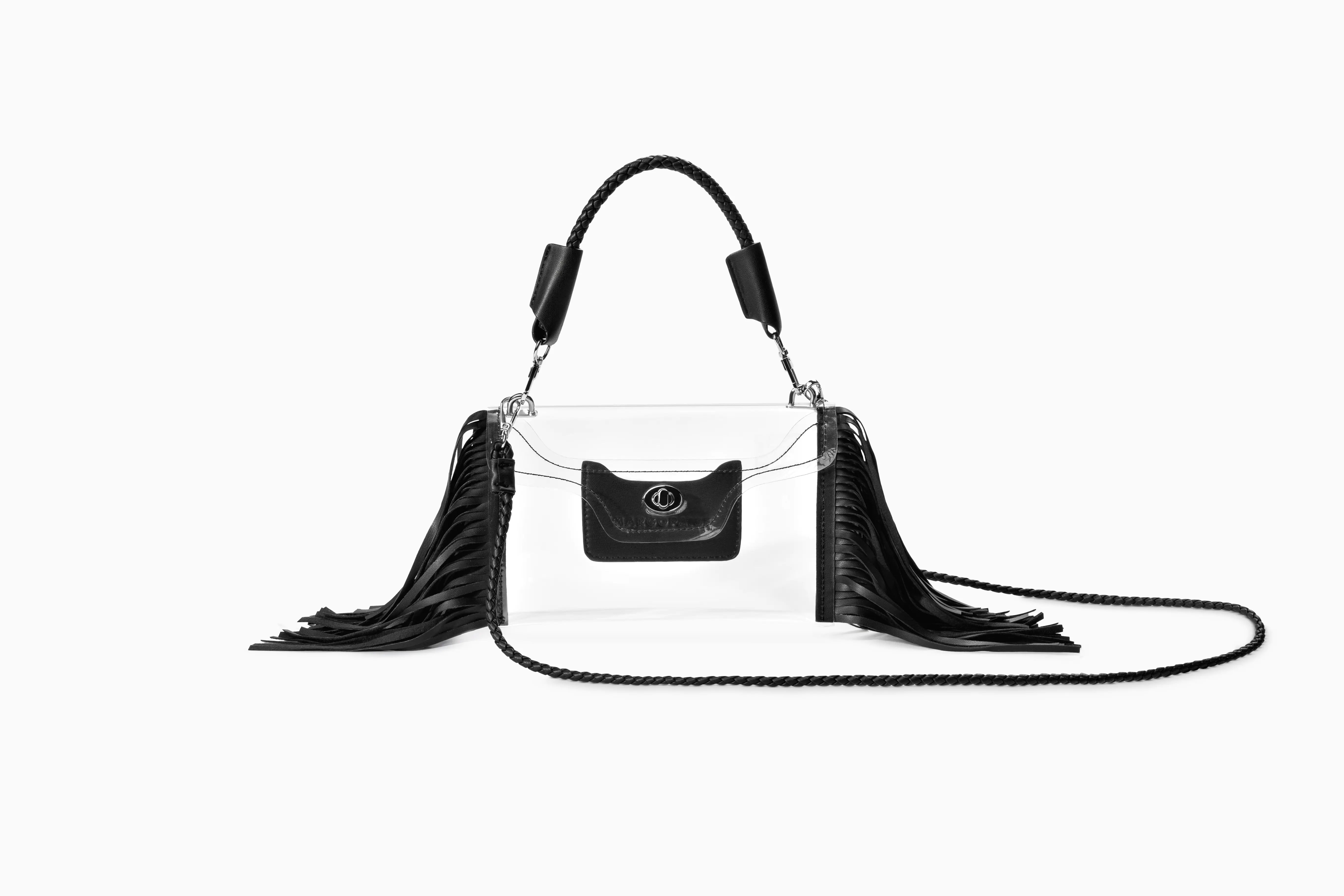 Clear fringe crossbody bag with black faux leather detailing, GRS PVC, and stadium-approved for venues.