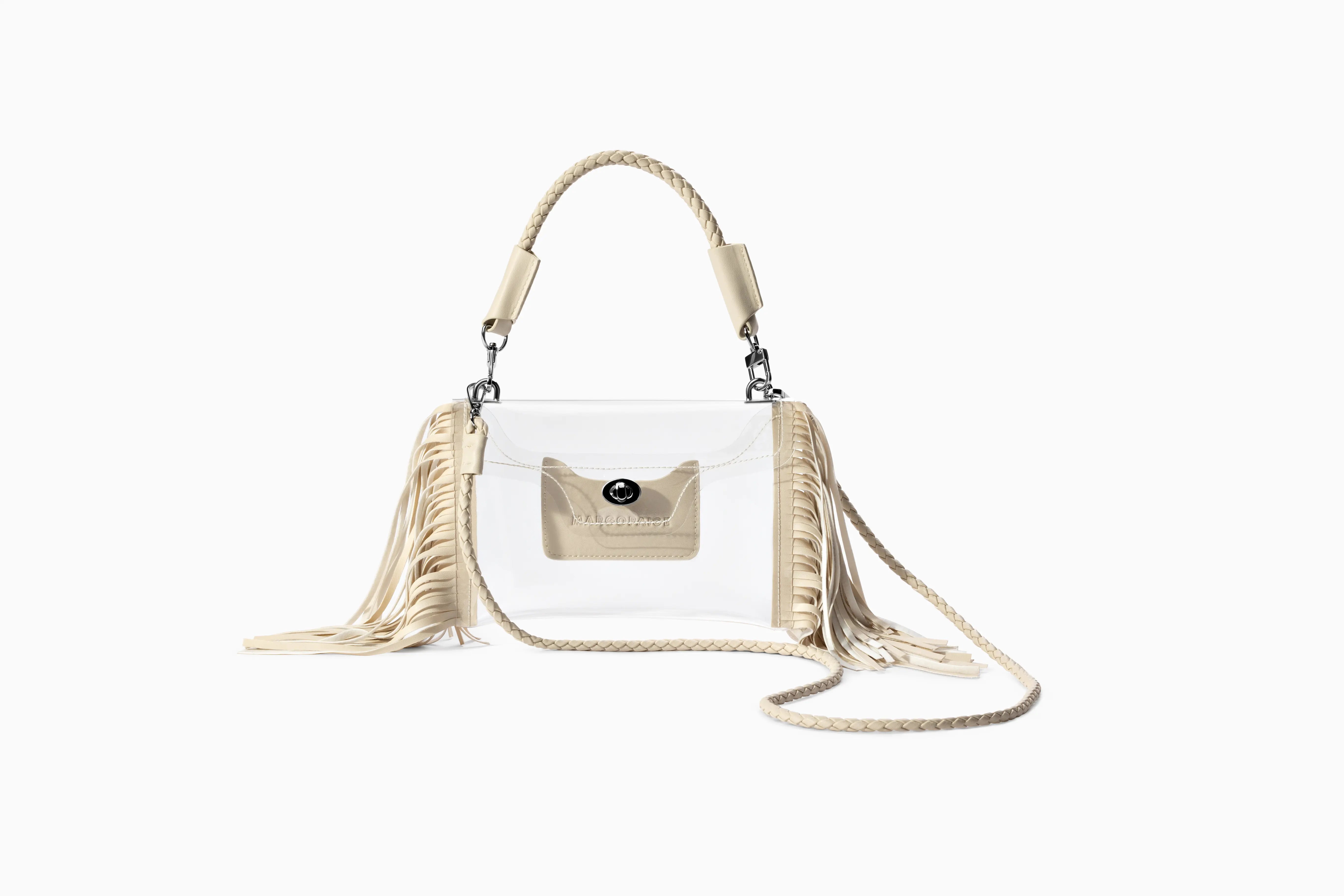 Clear fringe crossbody bag with taupe faux leather detailing, GRS PVC, and stadium-approved design.