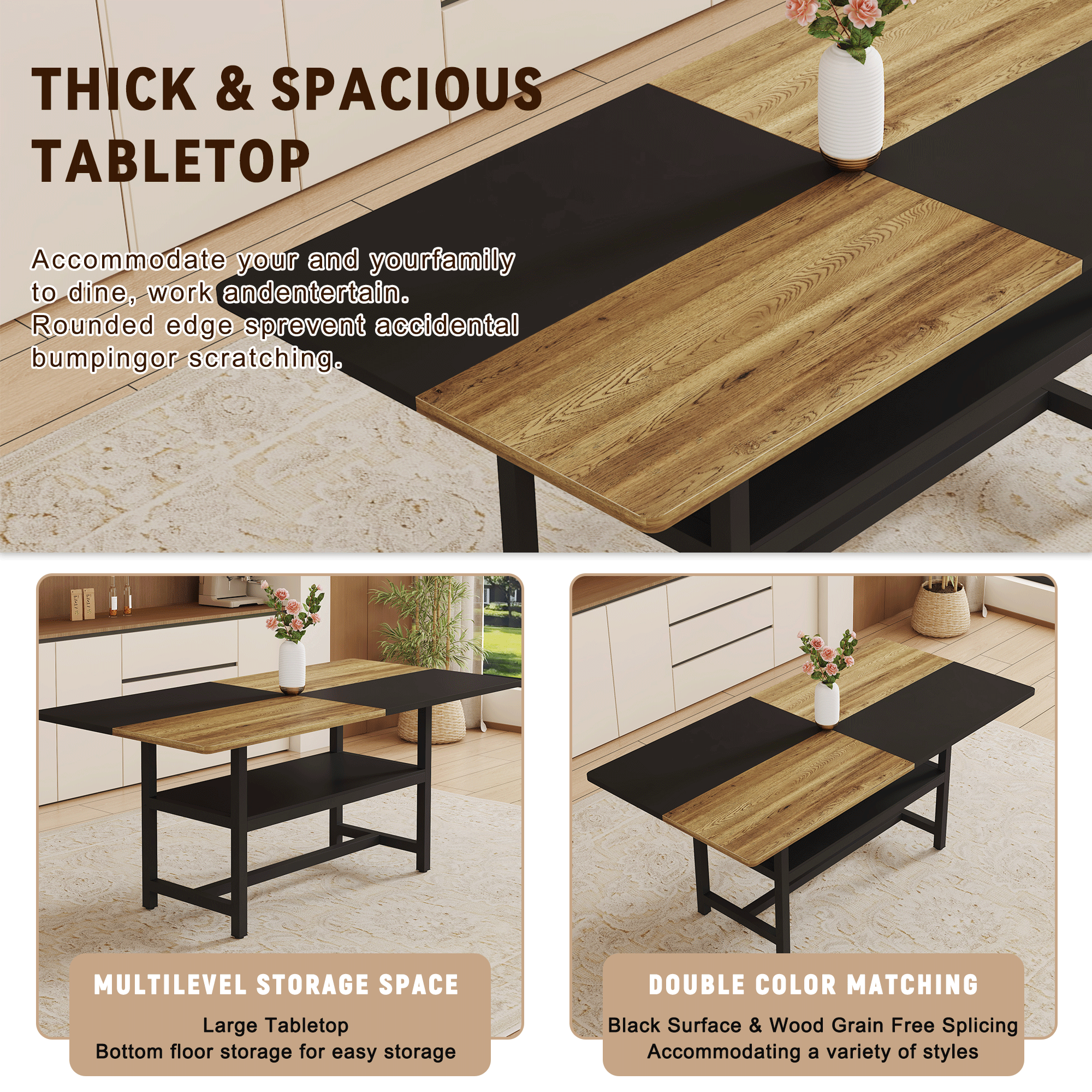 Collage of a wooden table with black accents, highlighting features like thick tabletop and multilevel storage space.