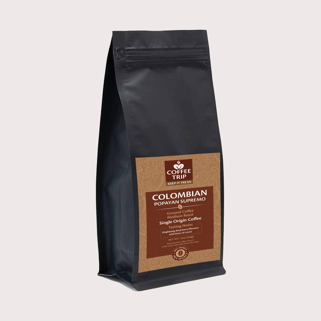 Single Origin Coffee, Medium Roast, Tasting notes displaying berry flavors and cocoa notes.