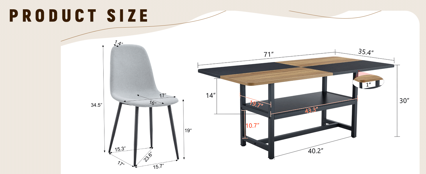 Workbench and chair with dimensions labeled on an advertisement.