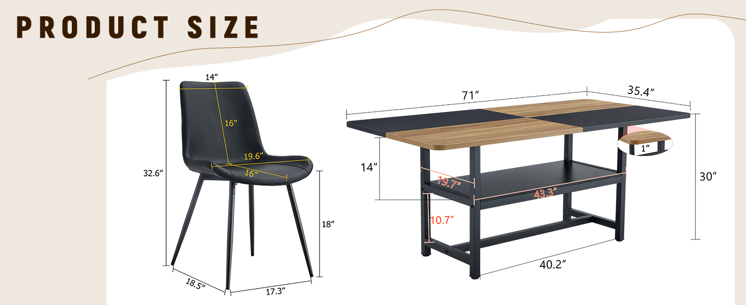 Dimensions for the chair and the modern black wood splice table.