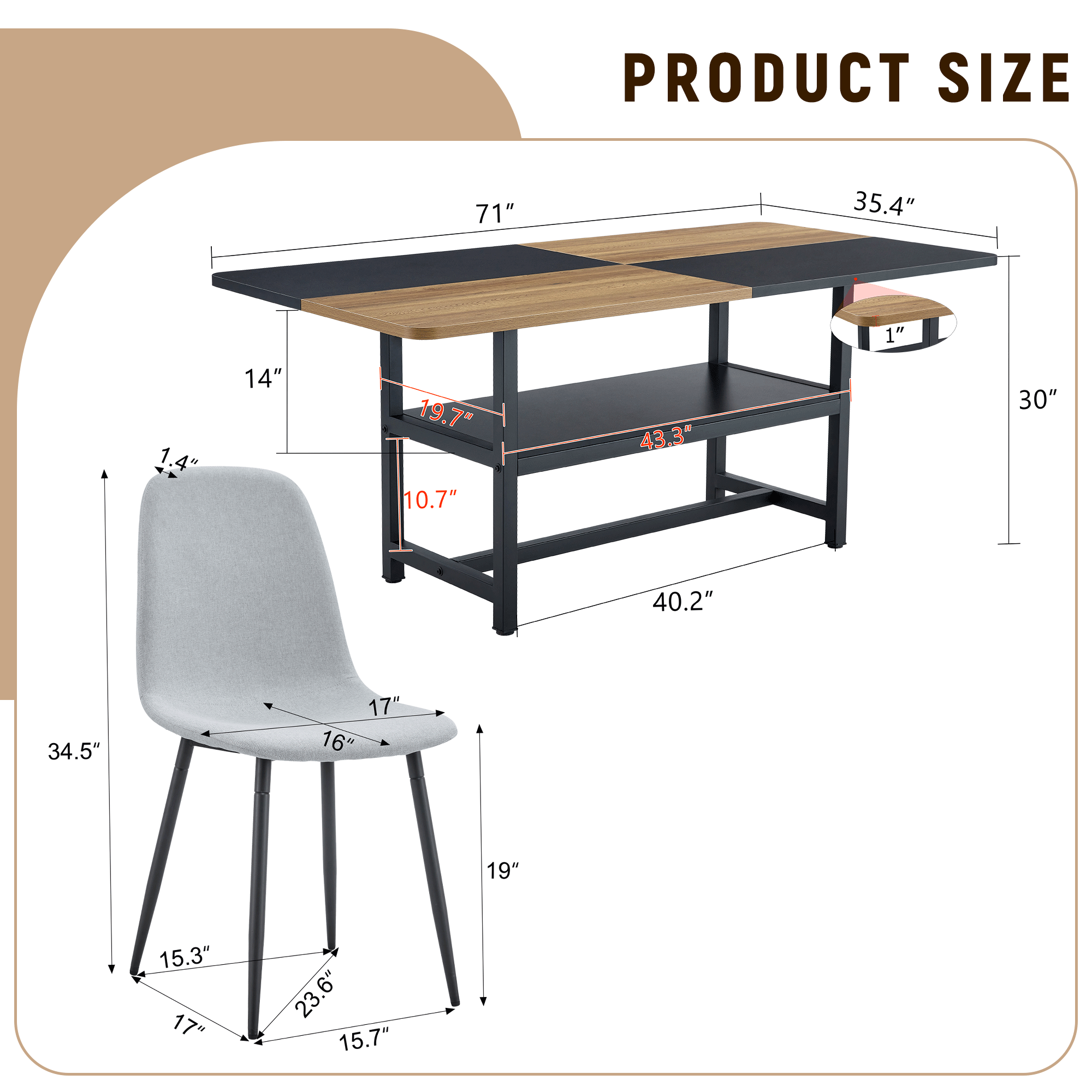 Dimensions of a desk and chair with clear measurements on a white background