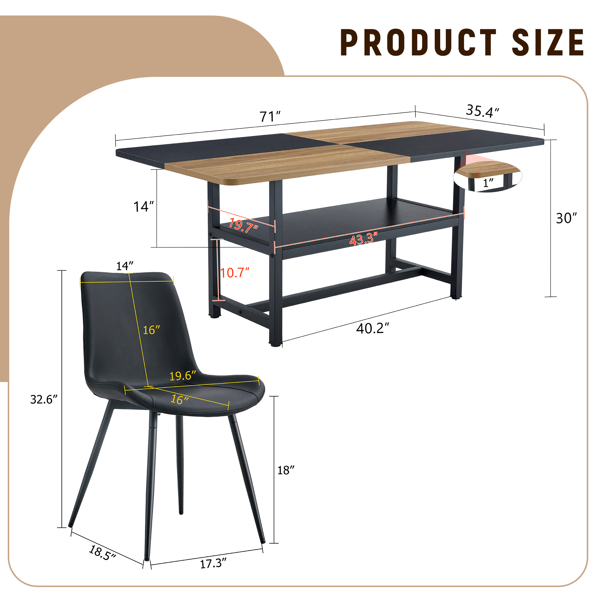 Dimensions of a table and chair with measurements labeled